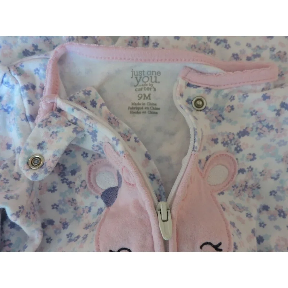 Carters Sheep Bodysuit One Piece Flowers Pink Pajamas Baby Girl Footed Zips 9M - Picture 5 of 5